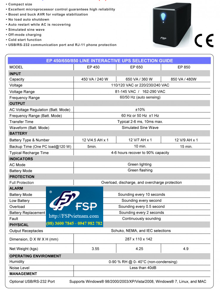Thông số kỹ thuật bộ lưu điện fsp ep 650, ep 850 ep 650, ep 850, bo luu dien 650, bo luu dien 850, fsp 650, fsp 850